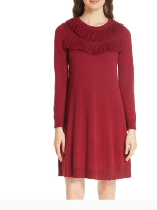 kate spade Dresses & Skirts - Kate Spade Crimson Fringe Sweater Wool Dress Size S